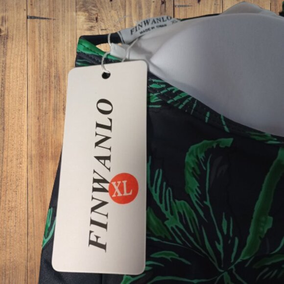 Finwanlo 1 Piece Criss Cross Back Swimsuit Black with Green Tropical Pattern NWT - Picture 5 of 8